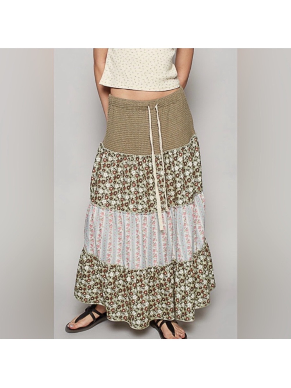 POL Olive and Cream Patchwork Tiered Maxi Skirt